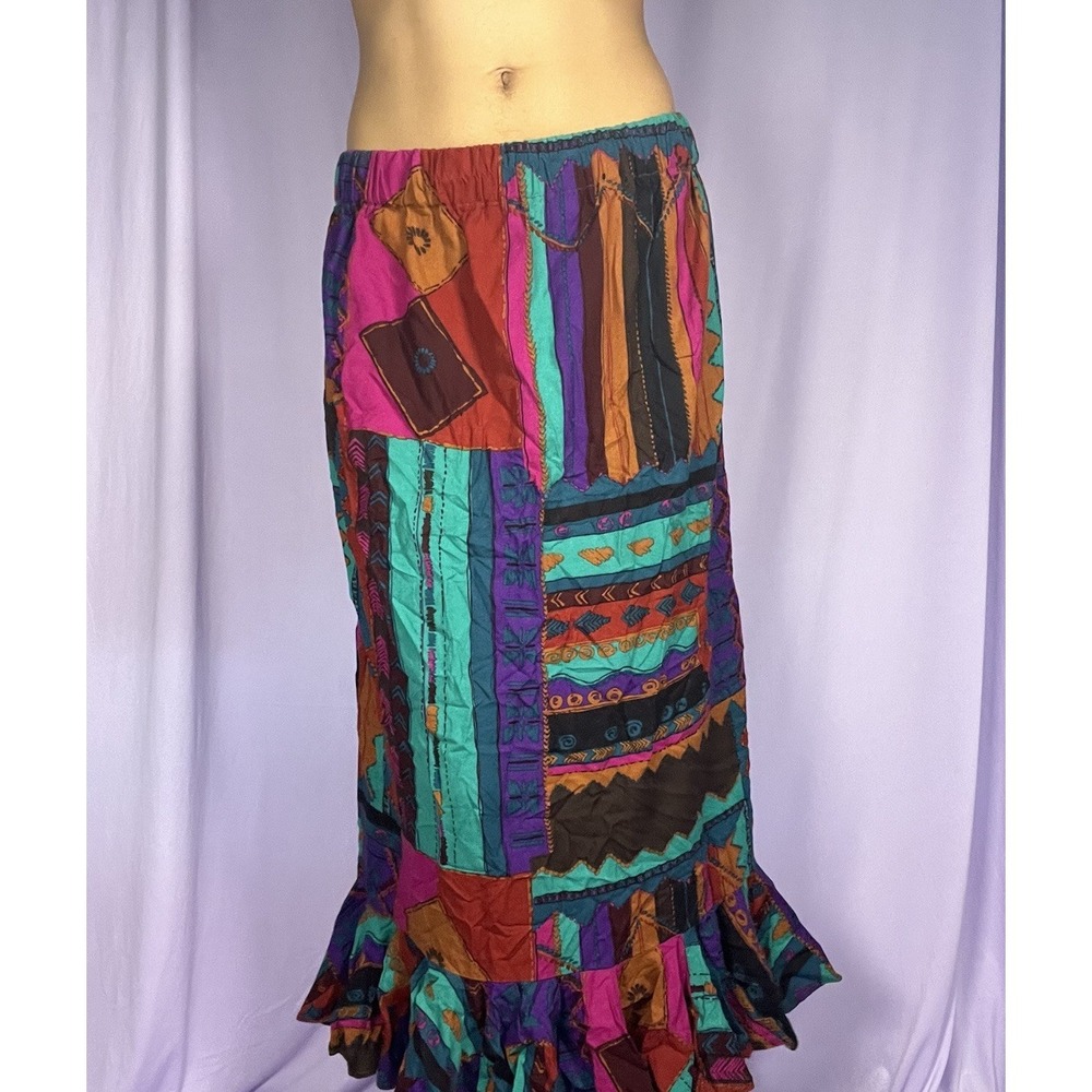 Abstract Tribal Maxi Skirt Womens Size S Vibrant Geometric 1990s Multi Pattern